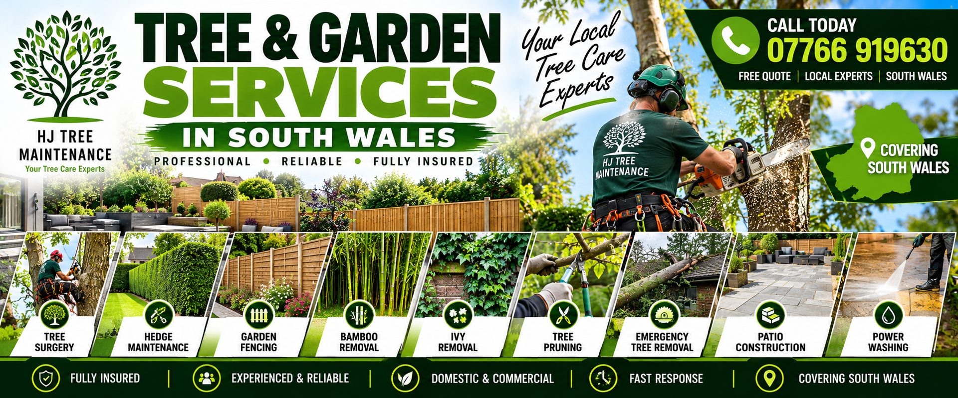 H J Tree Maintenance, tree and garden services in South Wales, call 07766 919630