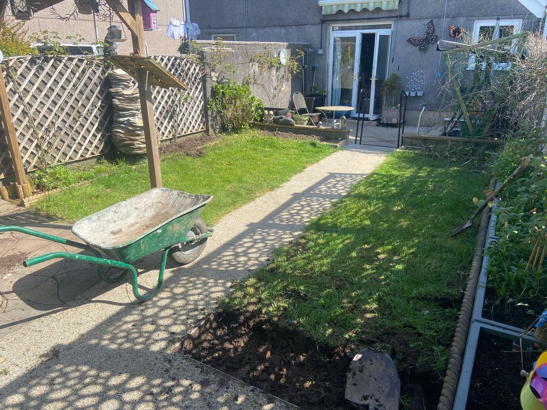 Terraced back garden with a stone-chipping path, lawn cut back to dark soil, wheelbarrow and spade in the foreground