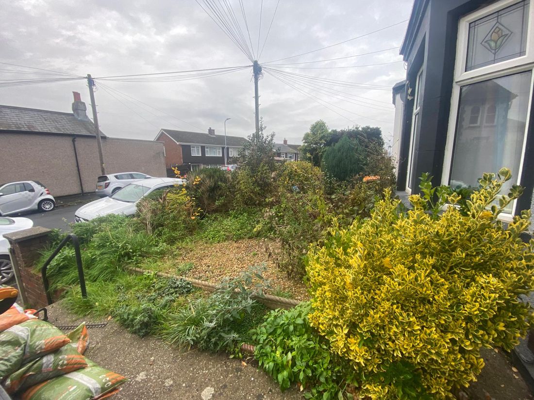 Terraced front garden full of weeds and shrubs with orange waste bags at the bottom corner